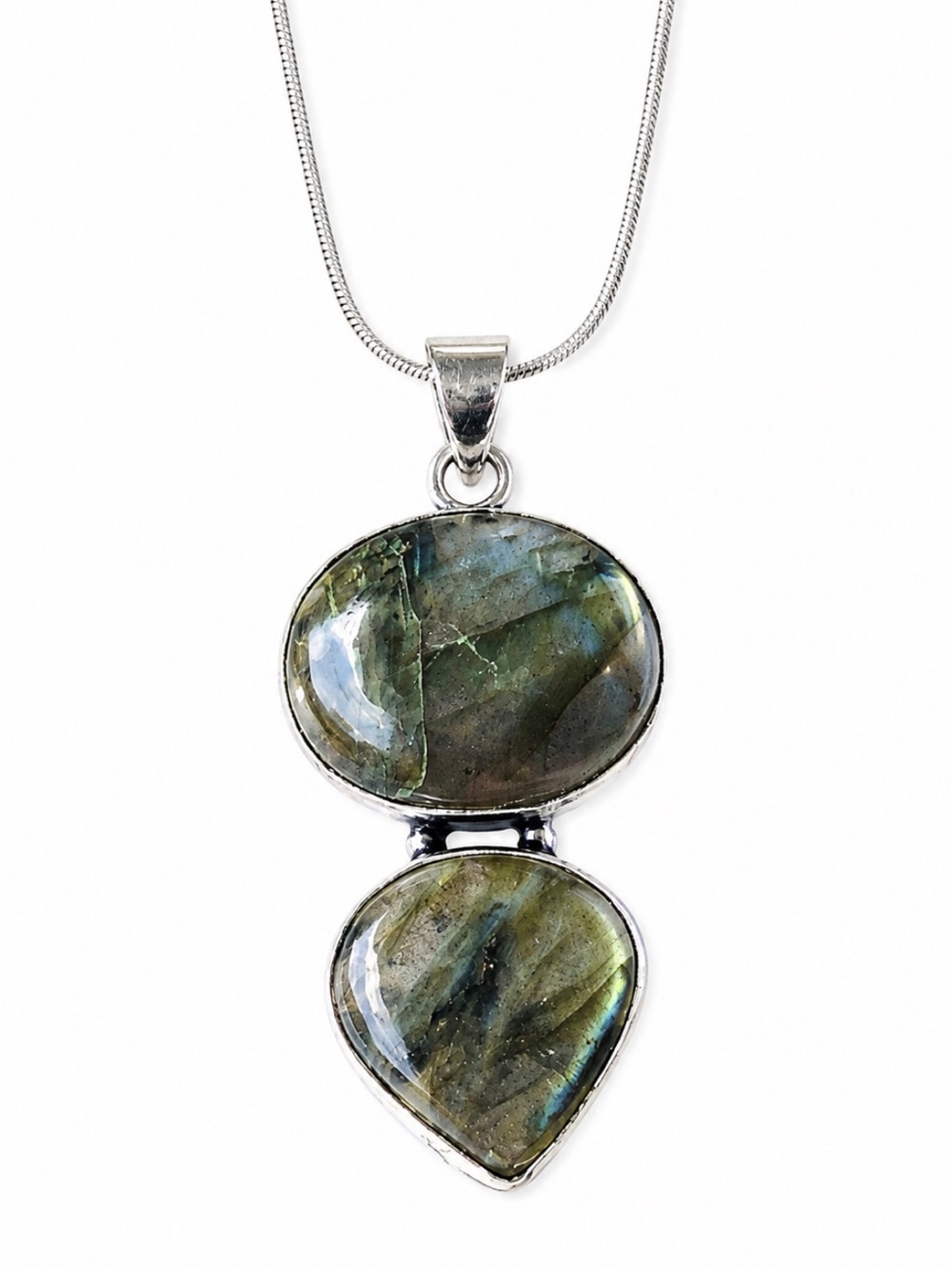 Genuine Labradorite Double Stone Silver Plated Necklace